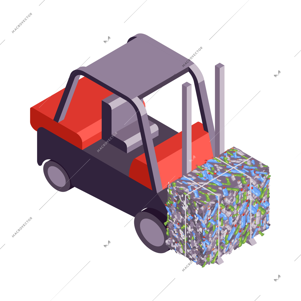 Isometric garbage recycling composition with sorting and pressing recycle infrastructure elements vector illustration