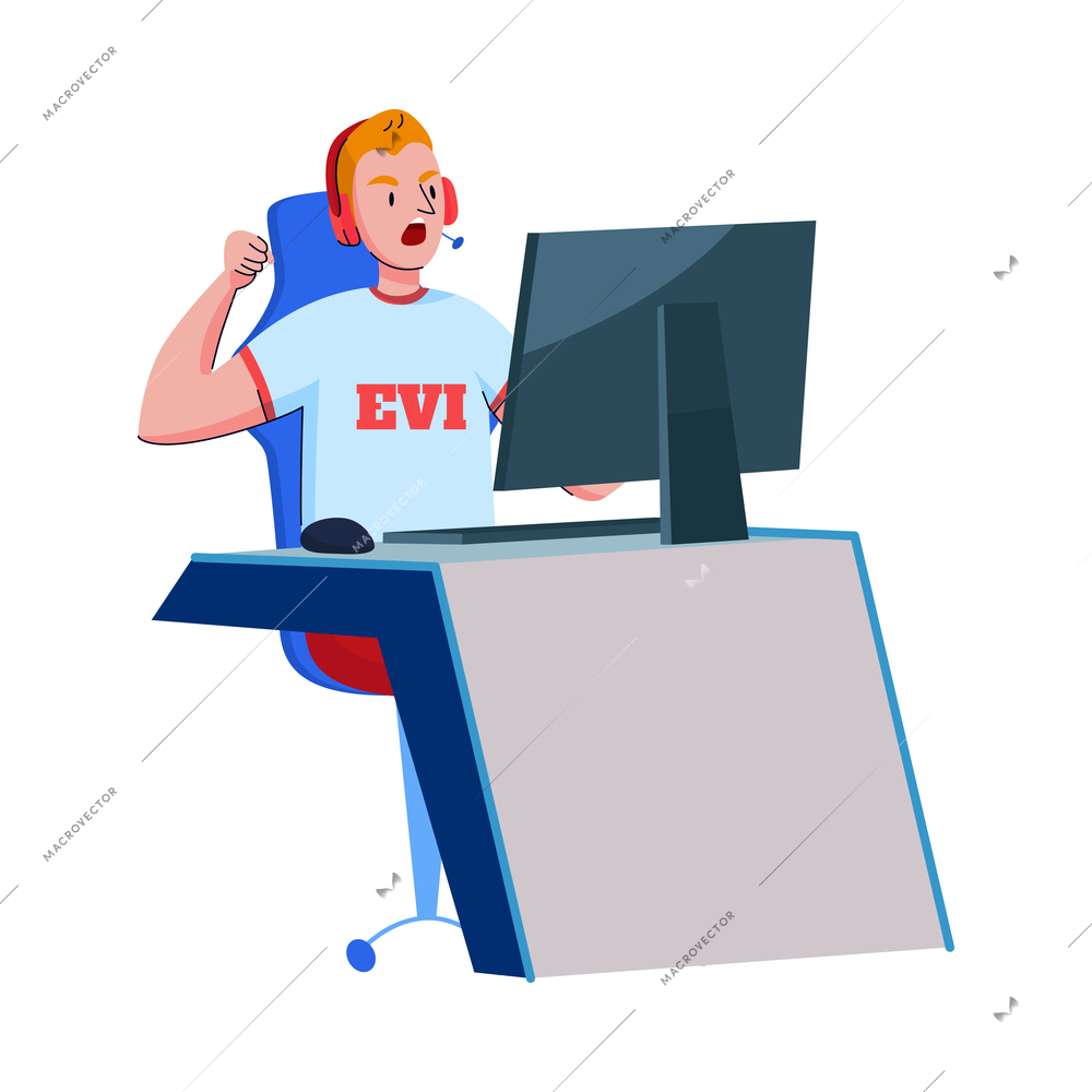 Cyber sport composition with doodle style human character gaming at computer workstation vector illustration