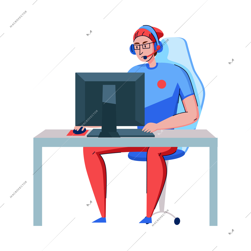 Cyber sport composition with doodle style human character gaming at computer workstation vector illustration