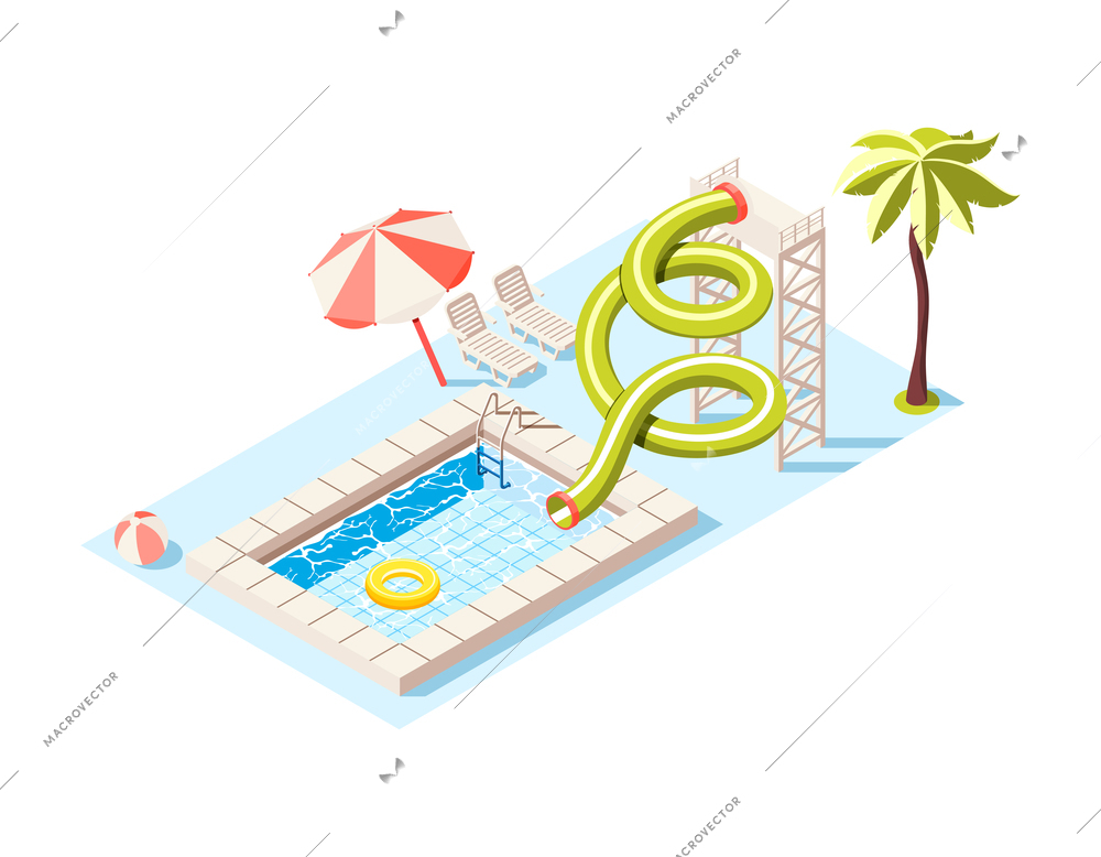 Aqua park isometric composition with view of aquapark scenery with play equipment on blank background vector illustration