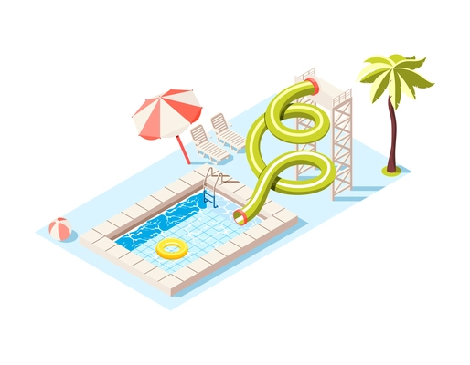 Aqua park isometric composition with view of aquapark scenery with play equipment on blank background vector illustration