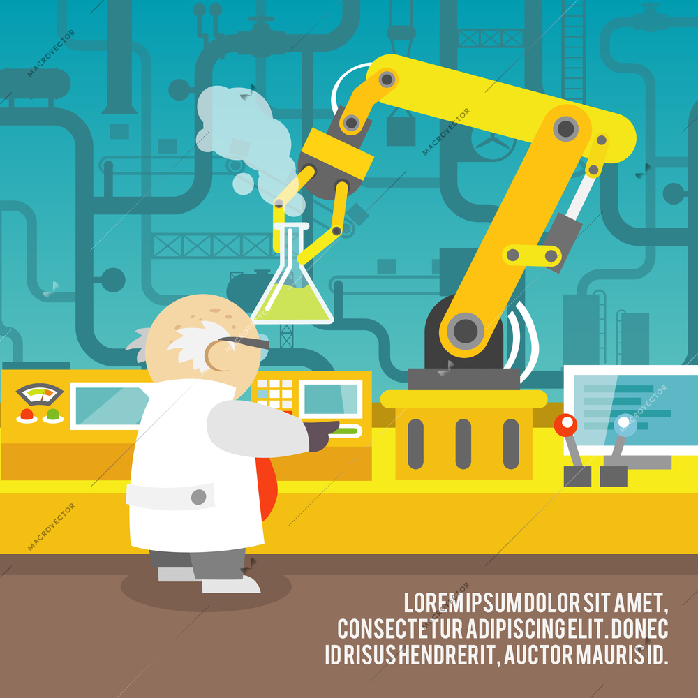 Robotic arm assemble line mechanic manufacturing with scientist factory robot operator production concept vector illustration.