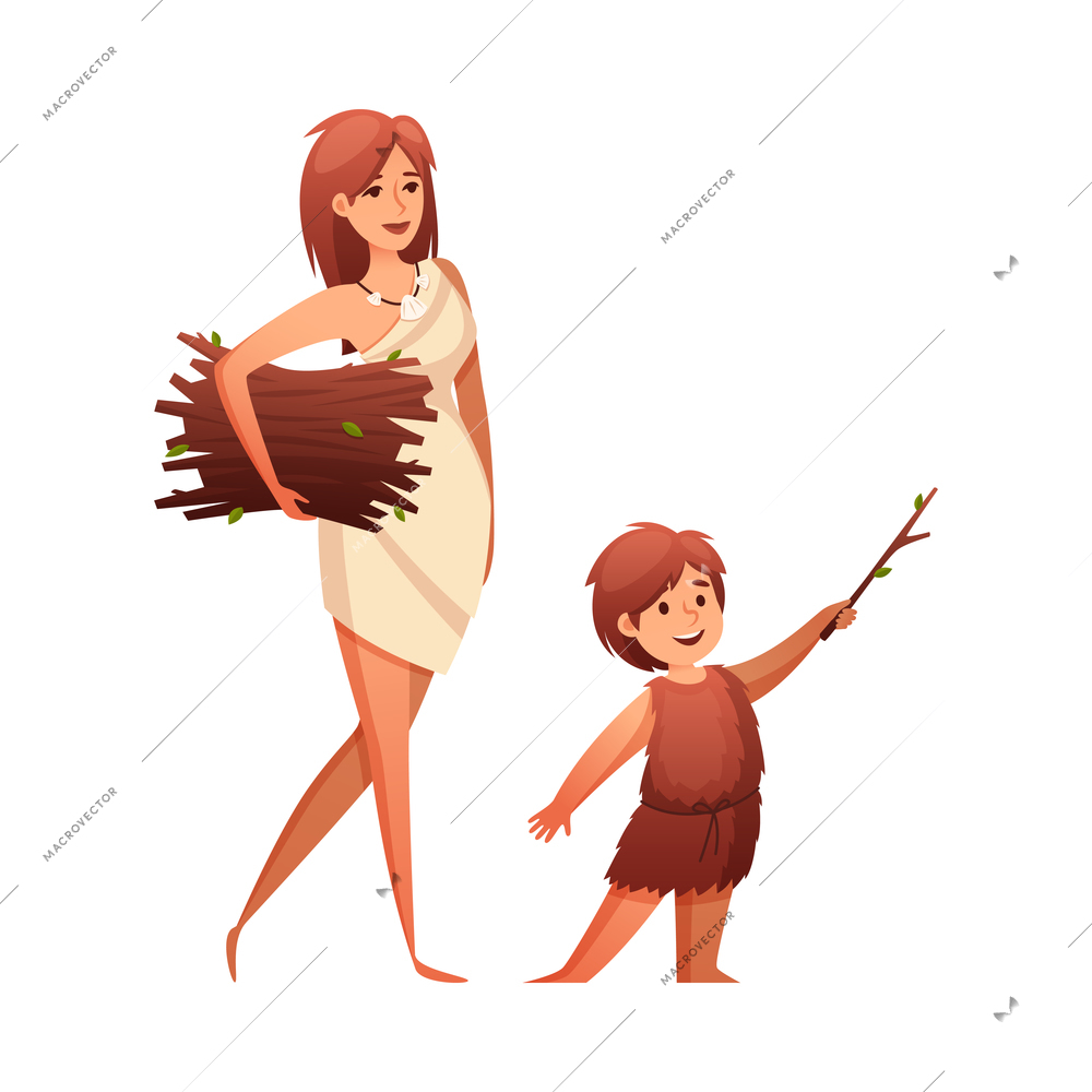 Prehistoric stone age caveman composition with isolated characters of prehistoric people vector illustration