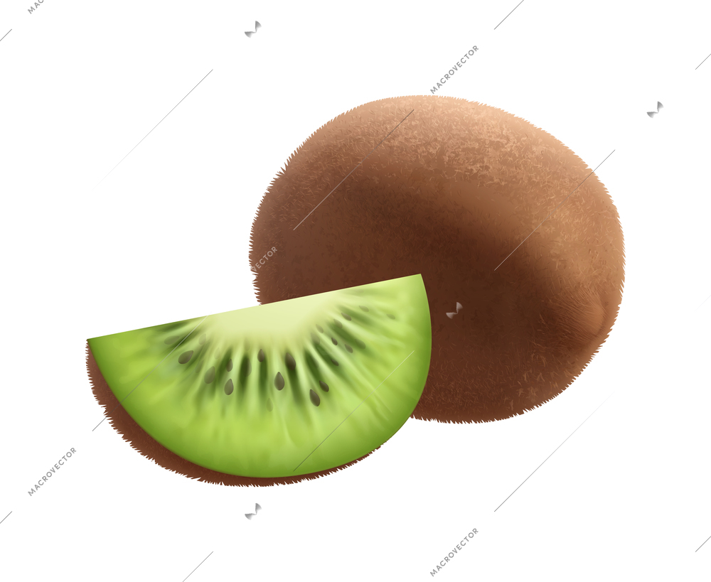 Exotic fruits realistic composition with isolated images of solid ripe fruit with slice on blank background vector illustration