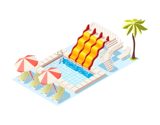 Aqua park isometric composition with view of aquapark scenery with play equipment on blank background vector illustration