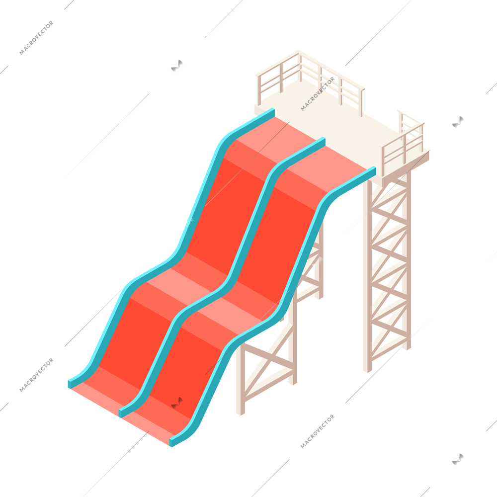 Aqua park isometric composition with isolated image of aquapark equipment on blank background vector illustration