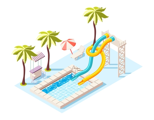 Aqua park isometric composition with view of aquapark scenery with play equipment on blank background vector illustration