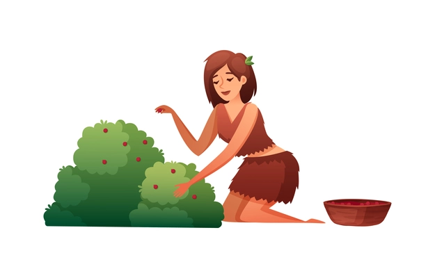 Prehistoric stone age caveman composition with isolated character of prehistoric woman vector illustration