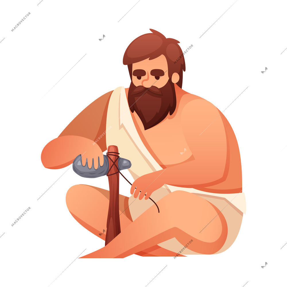 Prehistoric stone age caveman composition with isolated character of prehistoric man vector illustration