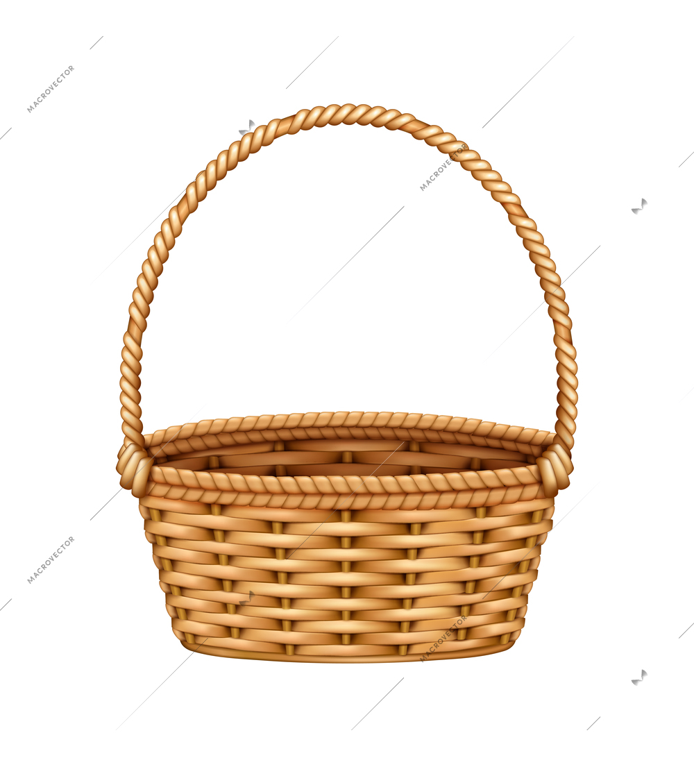 Color willow wicker basket realistic composition with natural stained wood isolated on blank background vector illustration