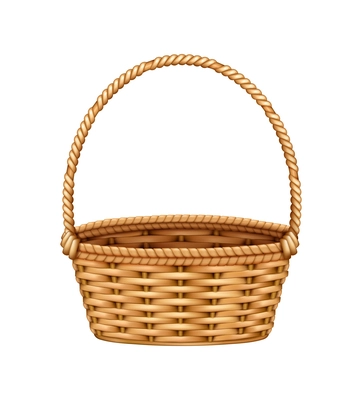 Color willow wicker basket realistic composition with natural stained wood isolated on blank background vector illustration