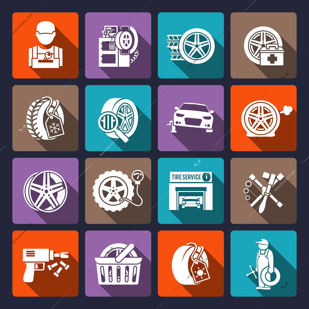 Tire wheel service car auto maintenance repair icons white set isolated vector illustration