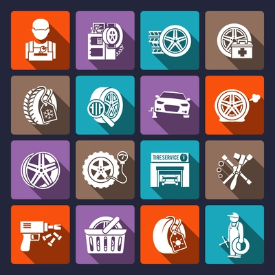 Tire wheel service car auto maintenance repair icons white set isolated vector illustration