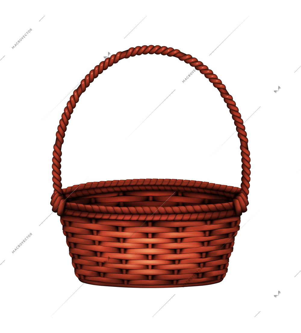 Color willow wicker basket realistic composition with natural stained wood isolated on blank background vector illustration