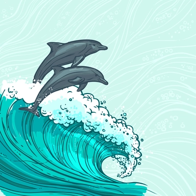 Waves flowing water sketch sea ocean and two dolphins colored background vector illustration