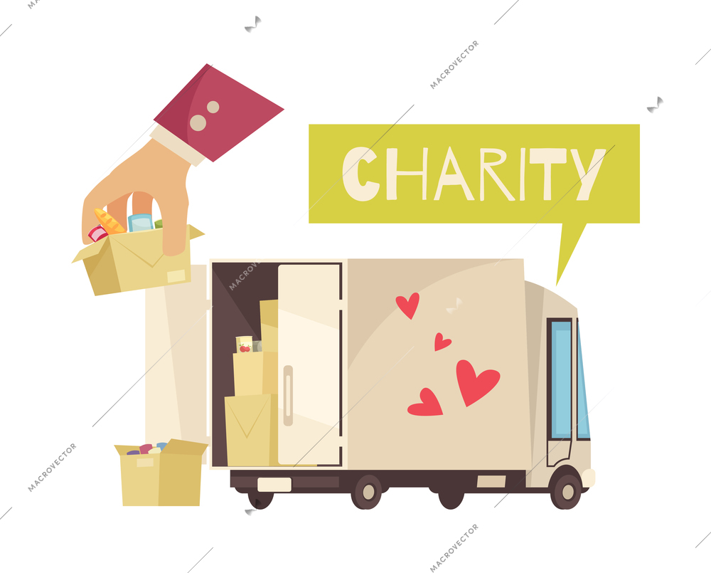 Charity composition with doodle style images with hearts and humanitarian aid truck vector illustration