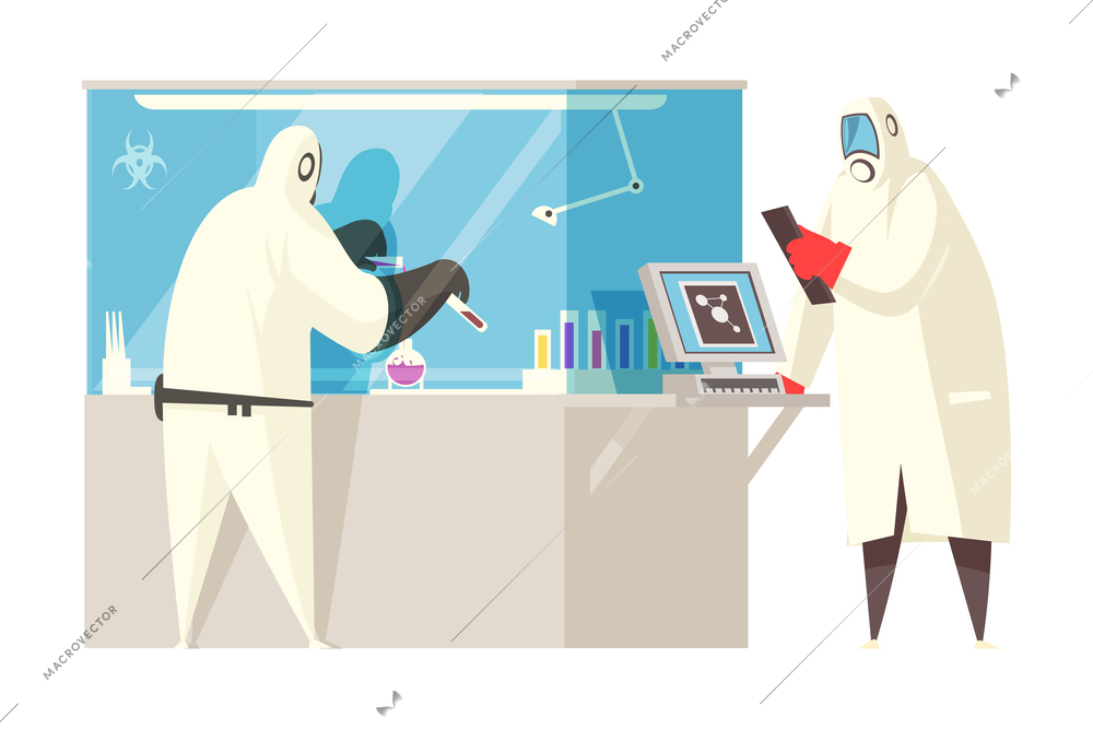 Microbiology composition with isolated images of hi-tech scientific equipment with human characters vector illustration