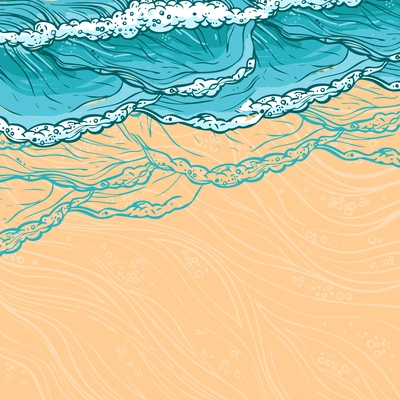 Waves flowing water sketch sea ocean and sandy beach seashore colored background vector illustration