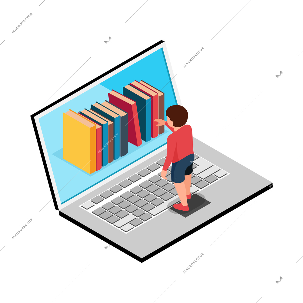 Isometric family homeschooling education learn online study composition with isolated image on blank background vector illustration