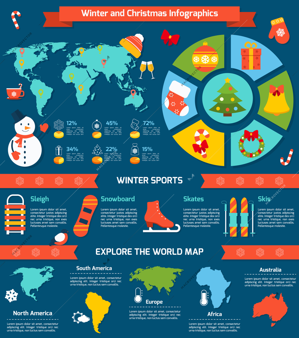 Winter and christmas infographic set with sports symbols and world map vector illustration