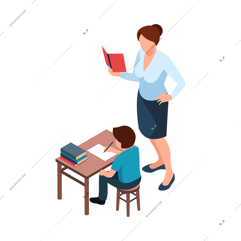 Isometric family homeschooling education learn online study composition with isolated image on blank background vector illustration