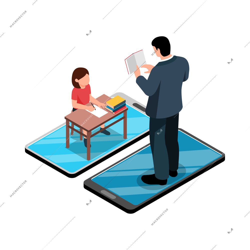 Isometric family homeschooling education learn online study composition with isolated image on blank background vector illustration