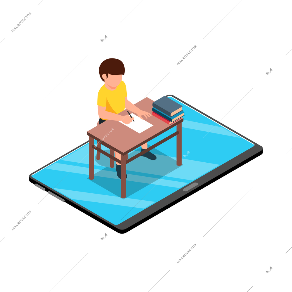 Isometric family homeschooling education learn online study composition with isolated image on blank background vector illustration