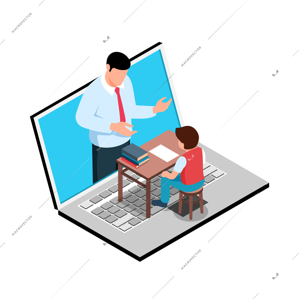 Isometric family homeschooling education learn online study composition with isolated image on blank background vector illustration