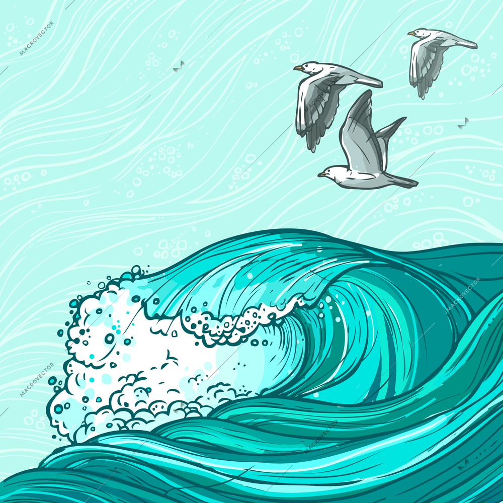 Waves flowing water hand drawn sea ocean and seagull birds colored background vector illustration