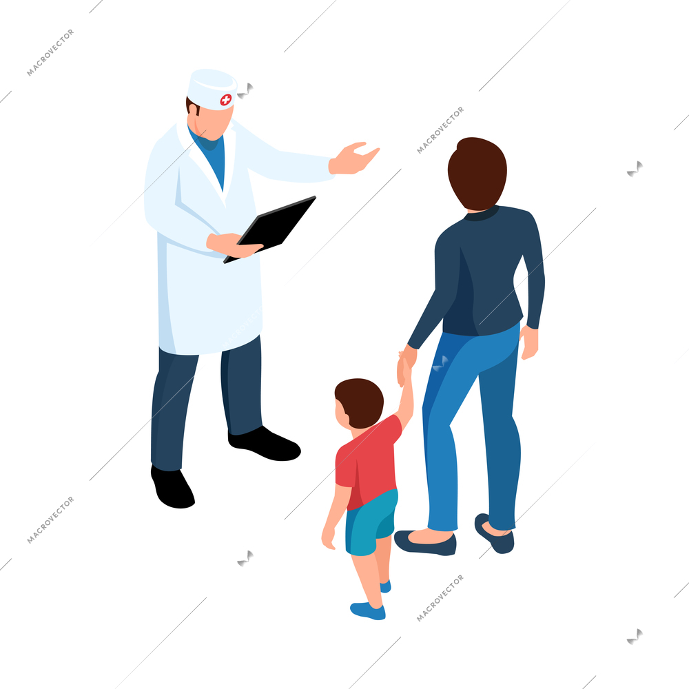 Isometric doctor pediatrician medicine composition with isolated human characters on blank background vector illustration