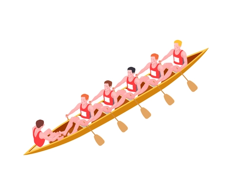 Water sports isometric composition with human characters of athletes rowing in single boat vector illustration