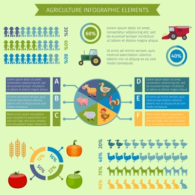 Agriculture infographics design elements of farm animals technique crop and charts vector illustration