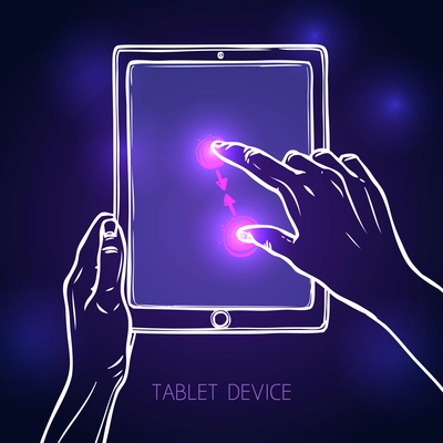 Hand holding tablet portable device and tap pinch gesture sketch on dark background vector illustration