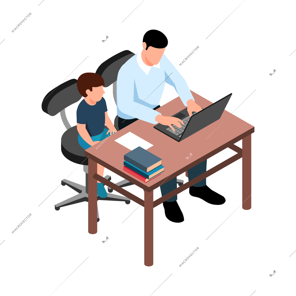 Isometric family homeschooling education learn online study composition with isolated image on blank background vector illustration