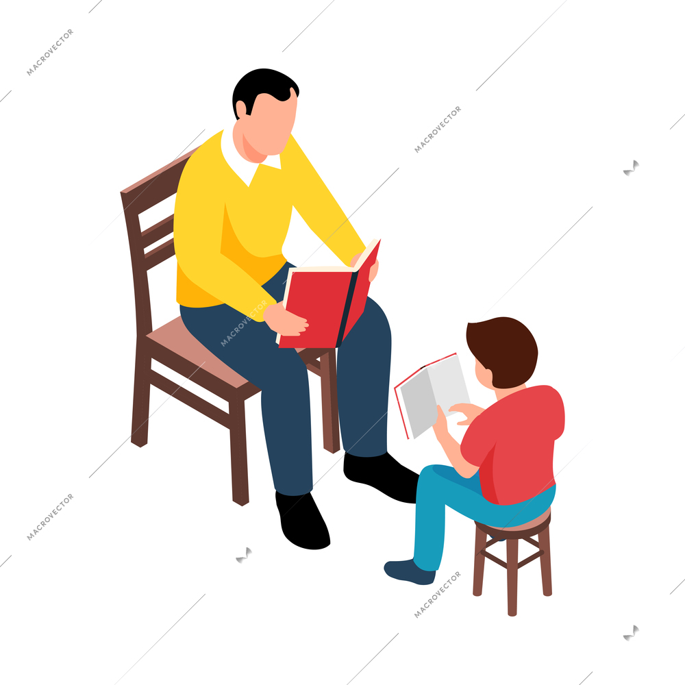 Isometric family homeschooling education learn online study composition with isolated image on blank background vector illustration