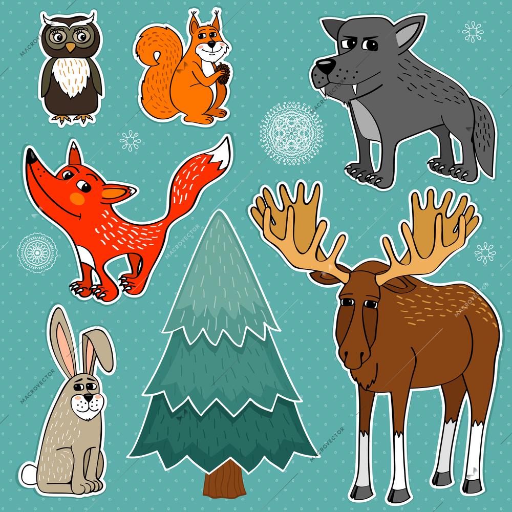 Winter forest cute animals set vector illustration