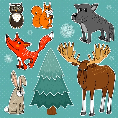 Winter forest cute animals set vector illustration