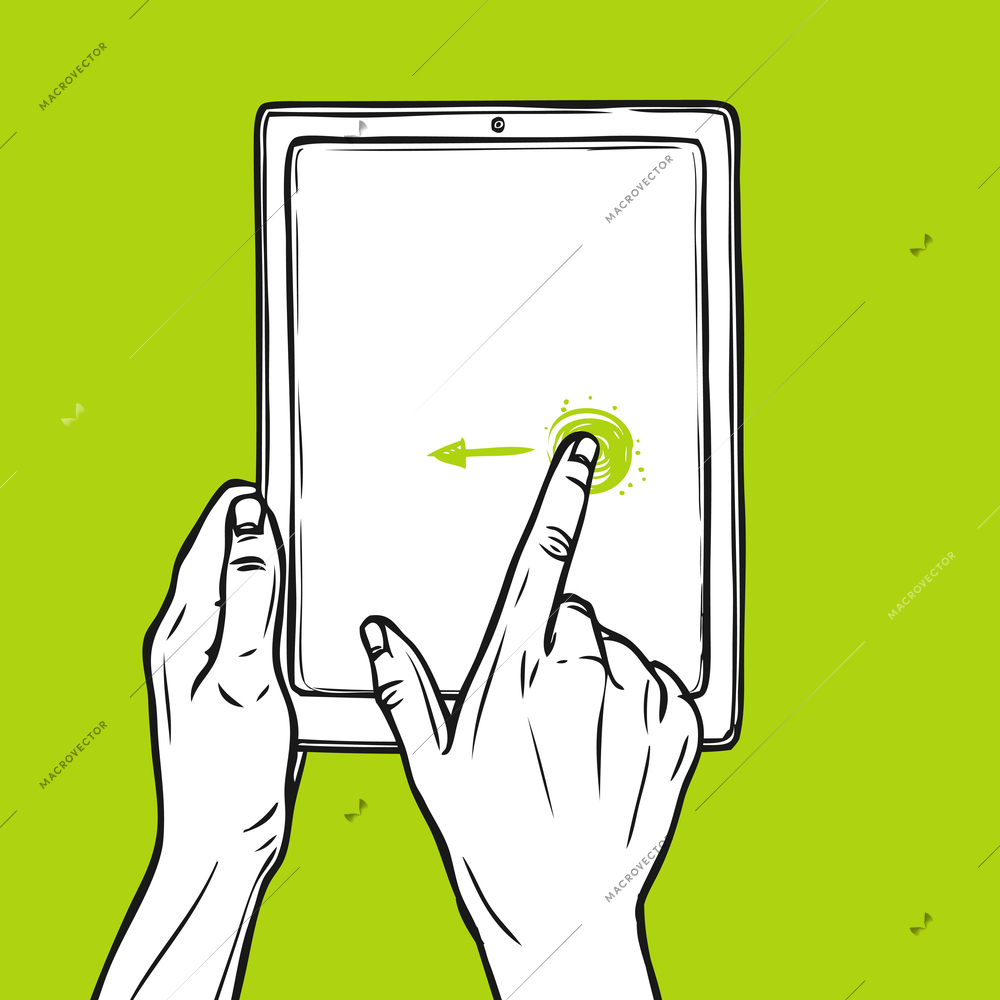 Hand holding tablet gadget and swipe gesture sketch on green background vector illustration