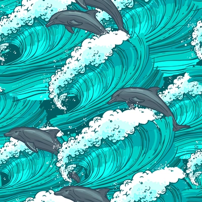 Waves flowing water sketch sea ocean and dolphins colored seamless pattern vector illustration