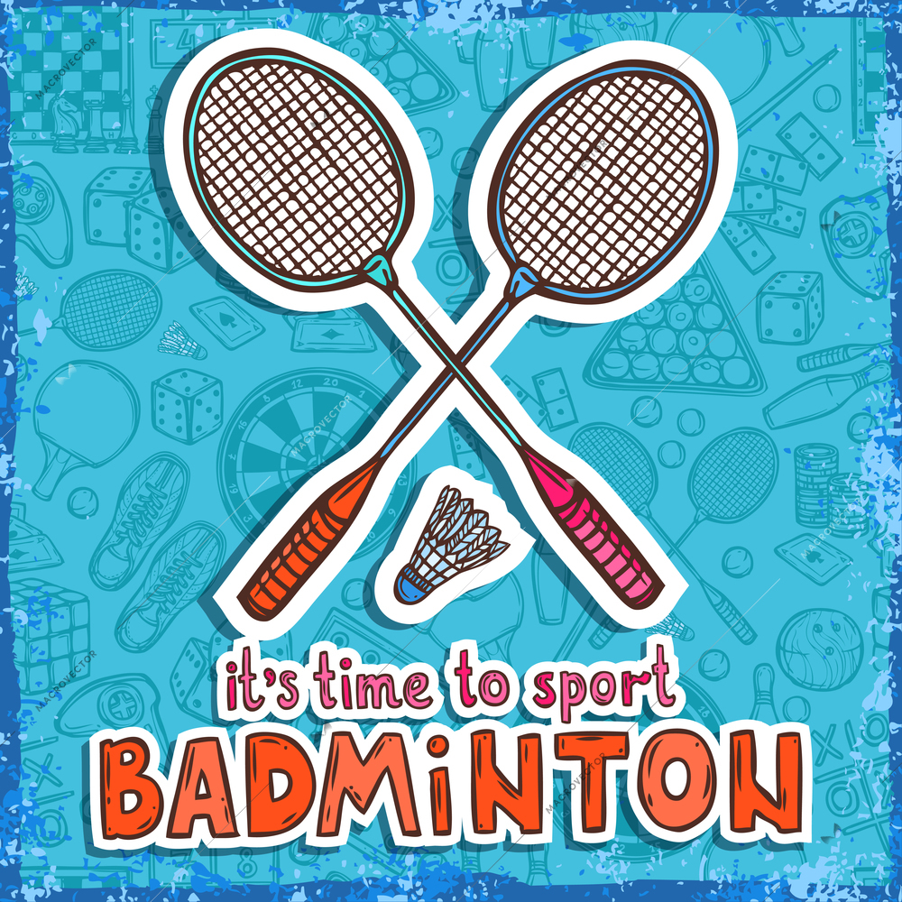 Badminton raquet and shuttlecock sketch poster with sport and board games on background vector illustration