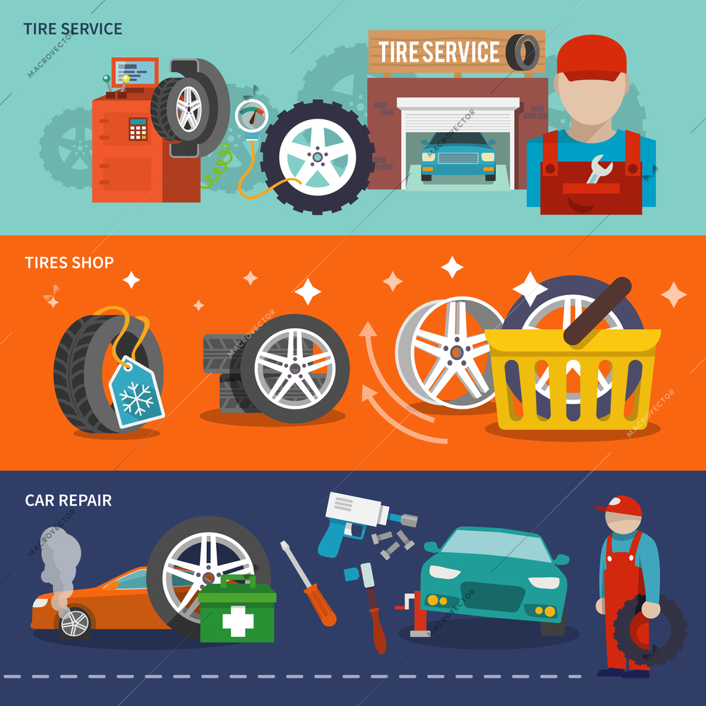 Tire service flat banner set with shop car repair mechanic isolated vector illustration