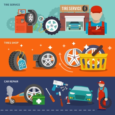 Tire service flat banner set with shop car repair mechanic isolated vector illustration