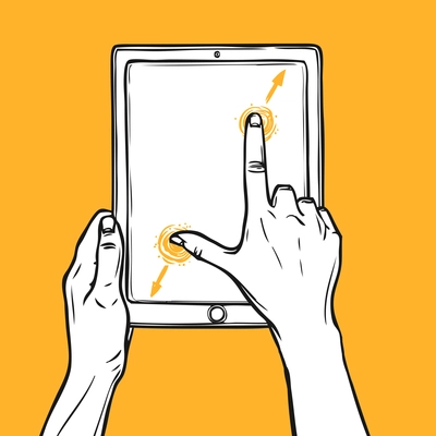 Hand holding tablet gadget and pinch gesture sketch on orange background vector illustration.