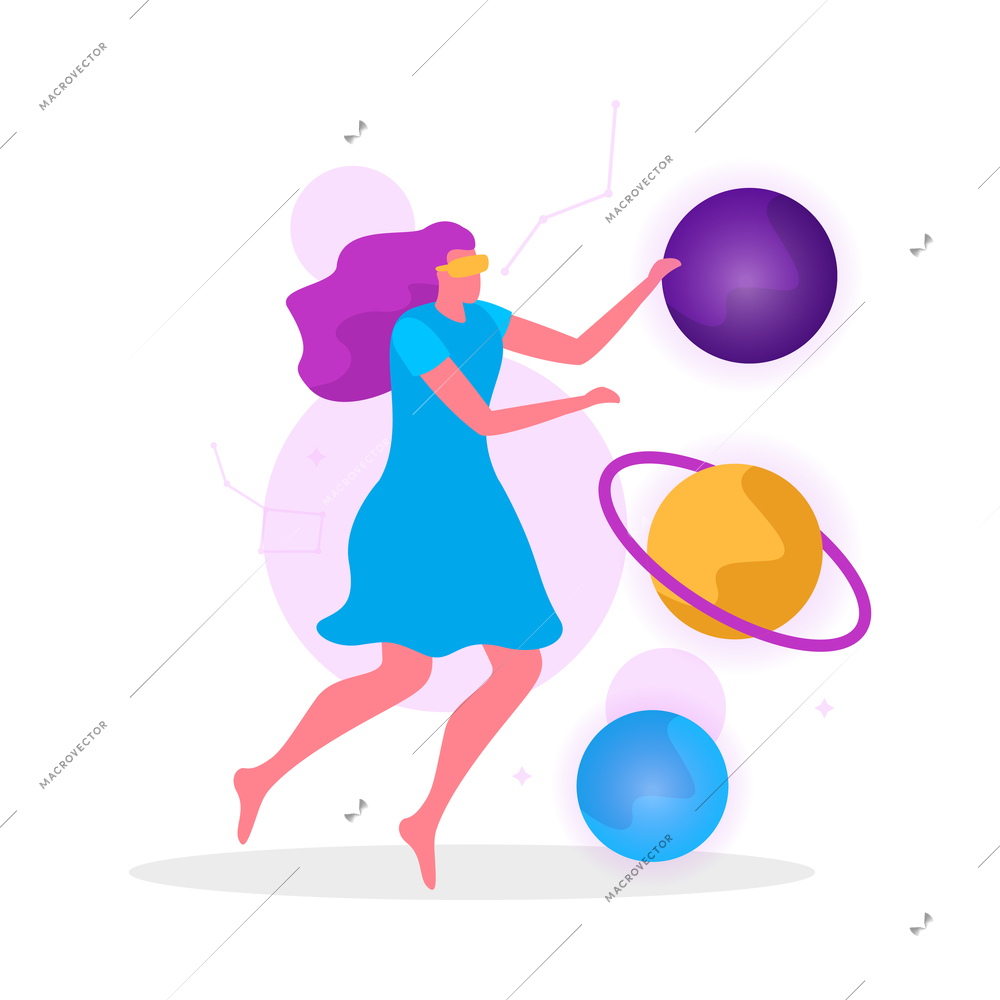 Virtual reality flat composition with human character wearing vr rig surrounded by holographic objects vector illustration