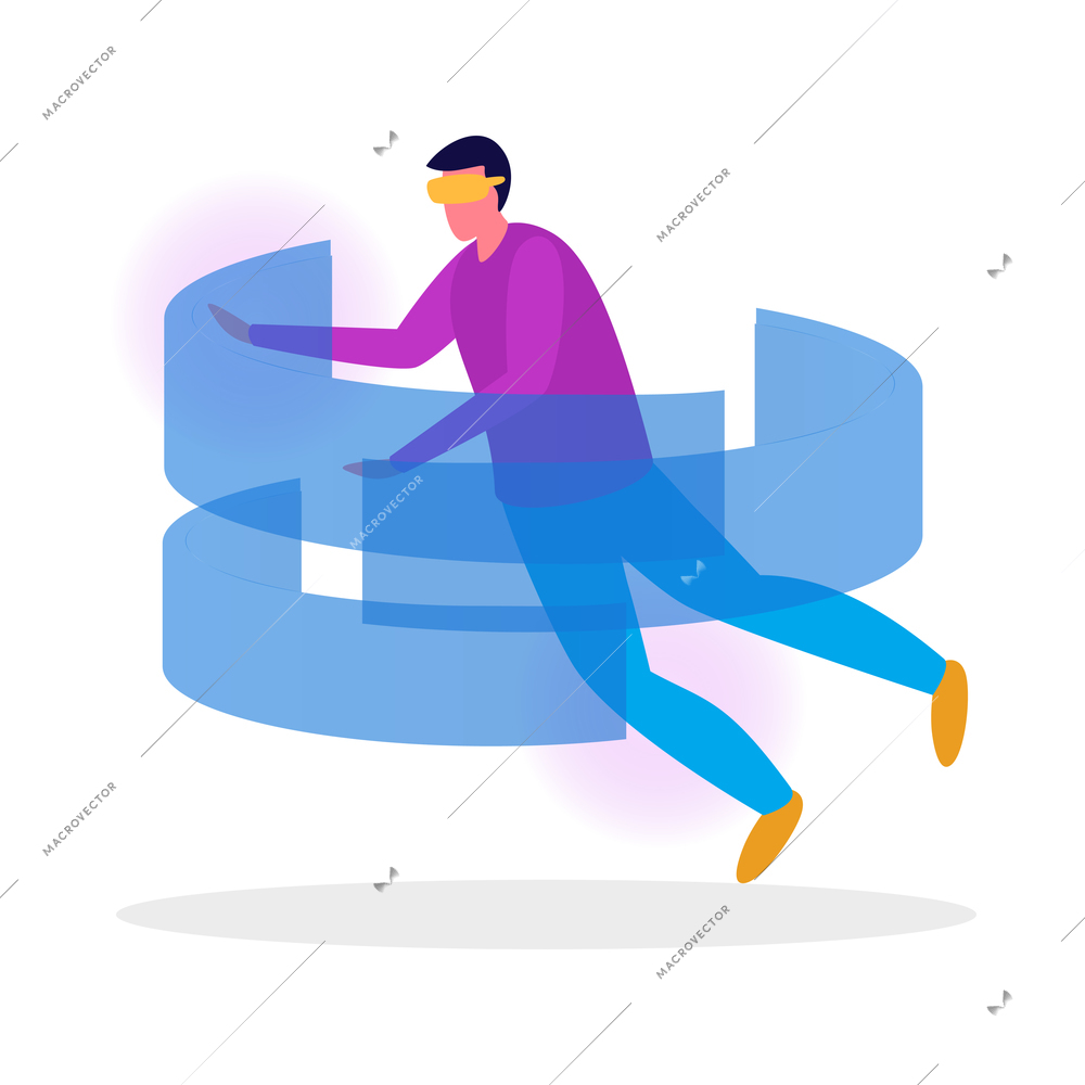 Virtual reality flat composition with human character wearing vr rig surrounded by holographic objects vector illustration