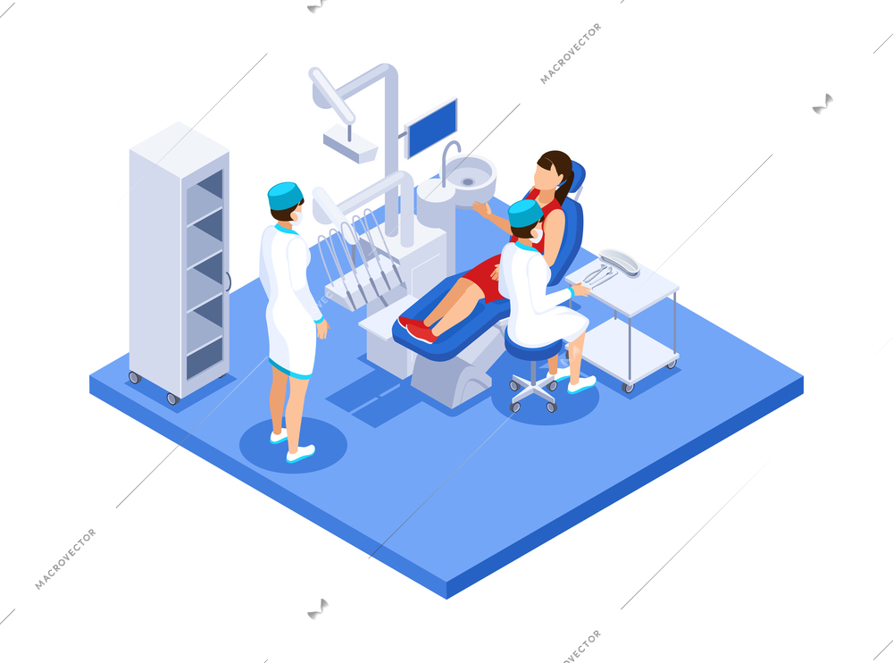 Isometric dentist composition with view of dental office with characters of medical workers and patient vector illustration