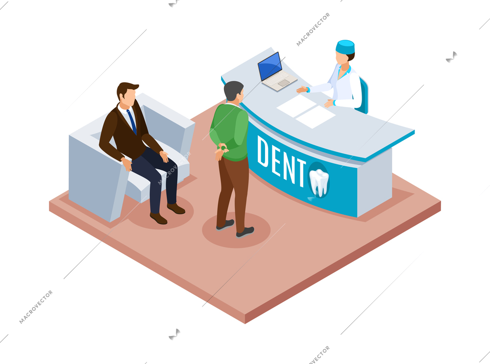 Isometric dentist composition with view of dental office with characters of medical worker and patients vector illustration