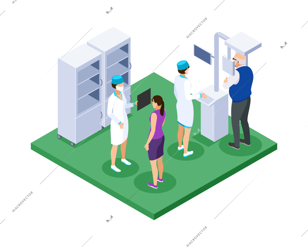 Isometric dentist composition with view of dental office with characters of medical workers and patients vector illustration