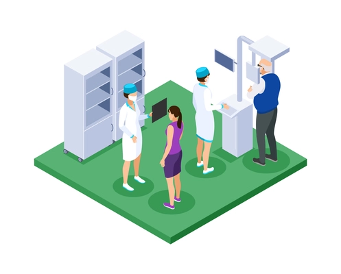 Isometric dentist composition with view of dental office with characters of medical workers and patients vector illustration