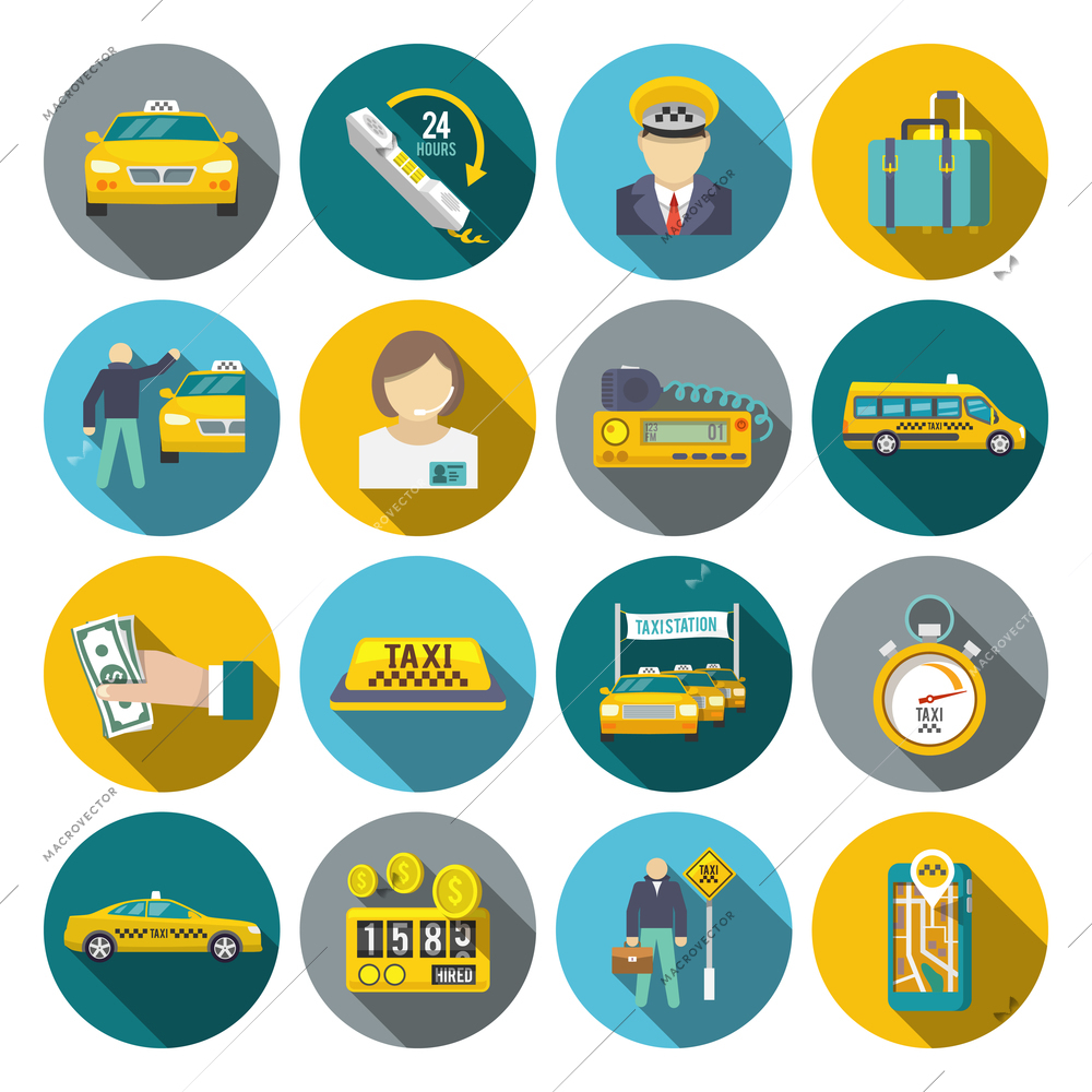 Taxi driver transportation car service cab man flat long shadow icons set isolated vector illustration